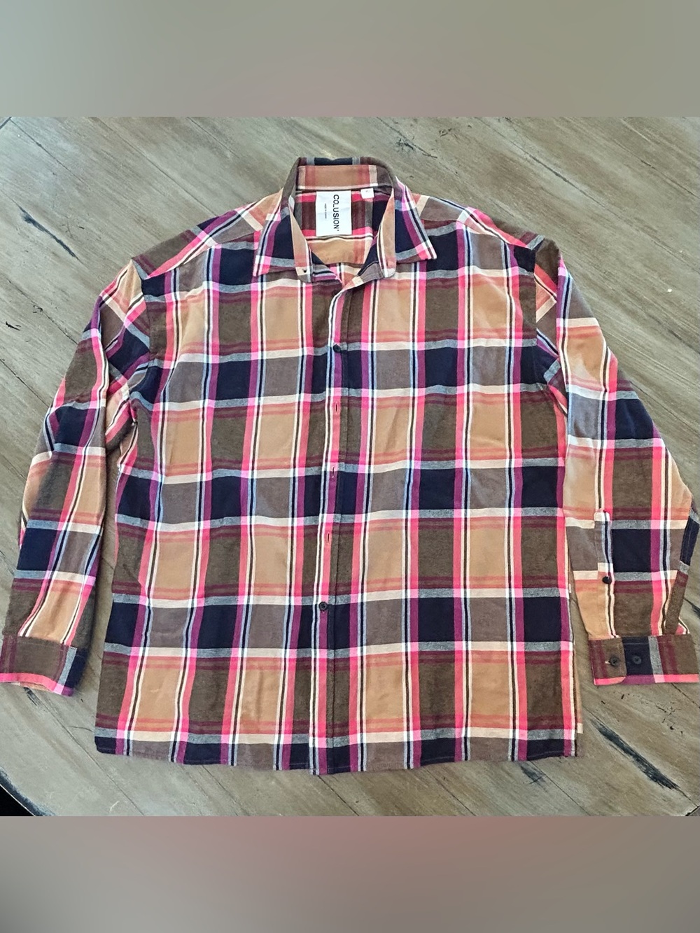 Collusion Men's Plaid Button-Down Shirt in Tan, Navy & Pink